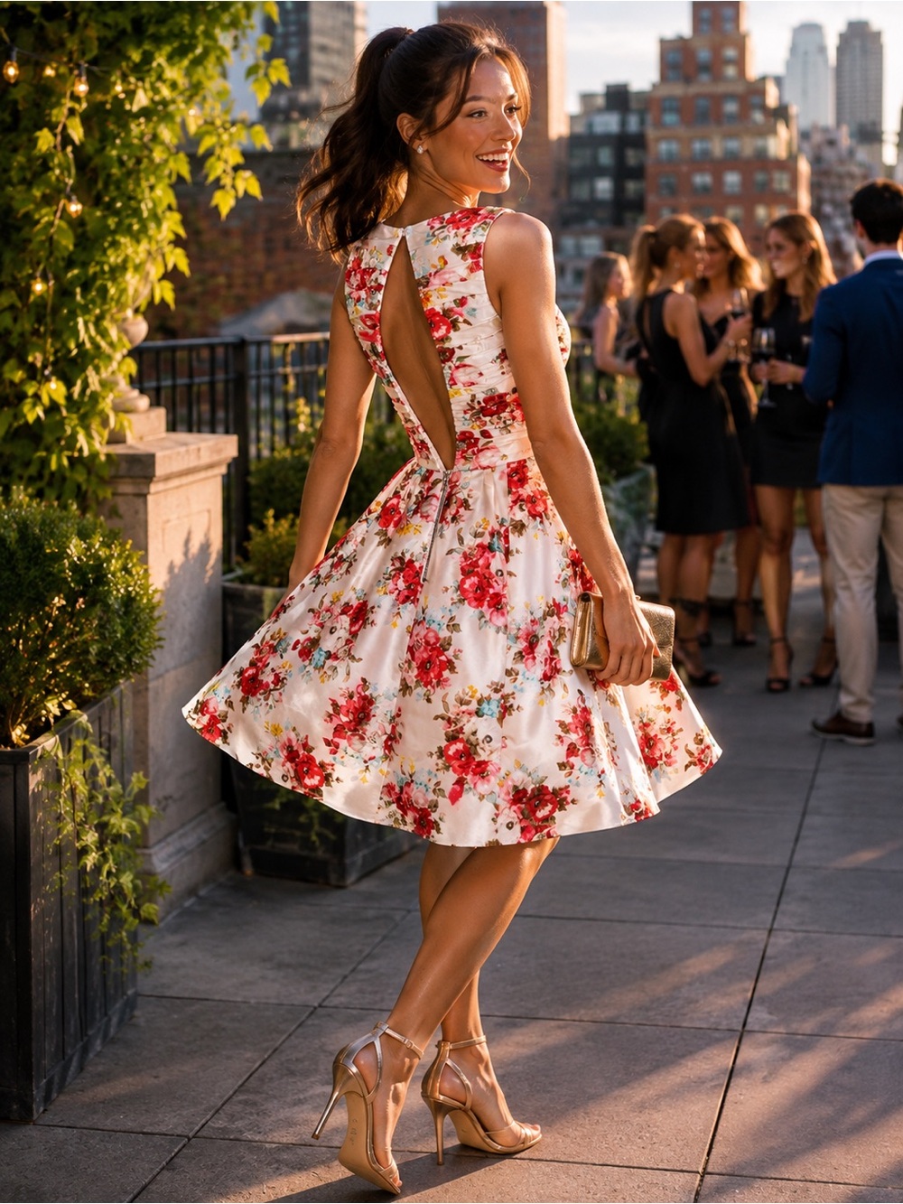 ALICE + OLIVIA White Multicolor Floral Luxury Fit and Flare Cut-Out Back Dress 6
